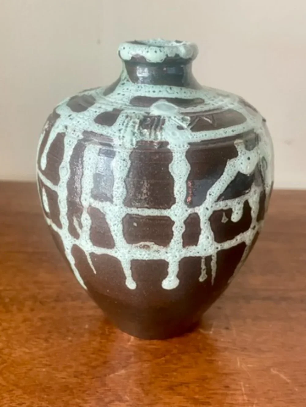 MCM European Vase VTG Dark Matte Base w/Textured Turquoise Drip Glaze